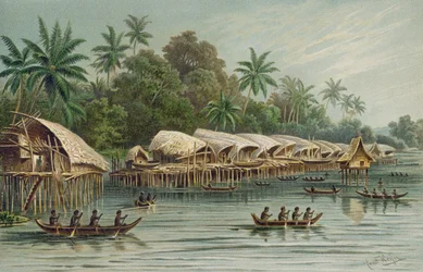 Sowek, un pueblo sobre pilotes en la costa norte de Nueva Guinea, de La Historia de la Humanidad, Vol.1, por Prof. Friedrich Ratzel