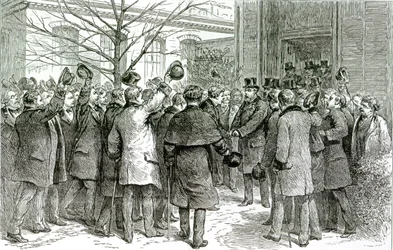 Sr. Robert Koch (1843-1910) saliendo del Hospital Real, donde se trata al paciente inglés, de The Graphic, 6 de diciembre de 1890
