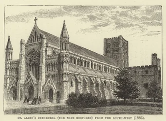 Catedral de St Albans, la nave restaurada, desde el suroeste, 1885