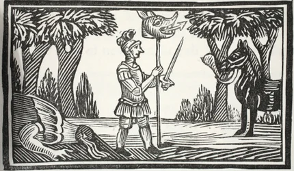 San Jorge con la cabeza del dragón, ilustración de Chap-books del Siglo XVIII de John Ashton, pub. 1882