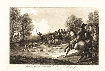 Cazadores de ciervos y sabuesos cazando un cervatillo en la Caza de Pascua de Epping