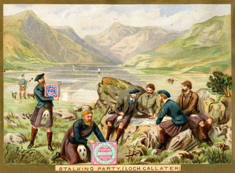Grupo de acecho, Loch Callater, una tarjeta promocional para Huntley & Palmers Biscuits, c.1890
