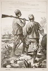 Los guías de Stanley acercándose al lago Tanganica, ilustración de La edición ilustrada de la vida y los descubrimientos de David Livingstone, de J. Ewing Richie, publicada por A. Fullarton & Co., 1876