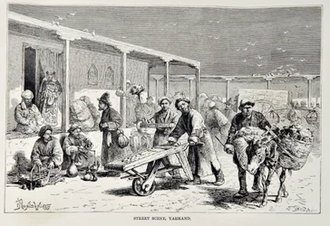 Escena callejera, Yarkand, ilustración de The Universal Geography, the Earth and its inhabitants por Elisee Reclus, publicado 1878
