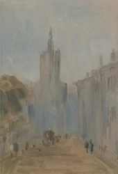 Calle con iglesia y figuras