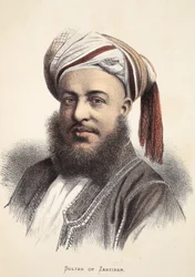 Sultán de Zanzíbar, ilustración de The Pictorial Edition of the Life and Discoveries of David Livingstone por J. Ewing Richie, pub. por A. Fullarton & Co., 1876