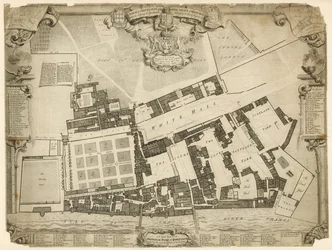 Encuesta y plano del Palacio Real de Whitehall, 1680, con los alojamientos y apartamentos pertenecientes a sus Majestades