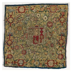 Funda de cojín de tapiz con las armas de Sacheverell, fabricada en Sheldon, Inglaterra, después de 1600 (lana y seda)