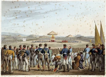 Te deum en el campo de batalla en "Anécdotas e incidentes históricos, militares y navales que llegaron a los brazos de Gran Bretaña y sus aliados, terminando en Waterloo" por Edward Orme. Ilustrado por Fry, Sutherland, Clark, Dubourg, W.Heart, JA, Atkinson