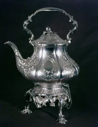 Tetera y hervidor con soporte y quemador de Messrs. Barnard, Londres, 1852