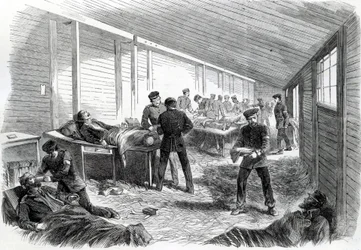 Hospital de campaña temporal detrás del Segundo Paralelo Prusiano en Dueppel, 1864