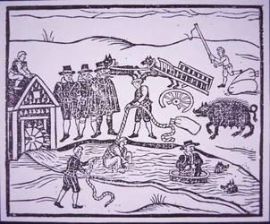 Prueba de brujas arrojándolas a un río (xilografía)