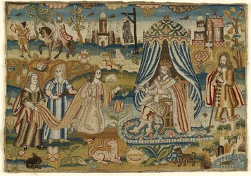 Panel textil con Ester y Asuero, mediados-finales del siglo XVII (puntos: tienda)