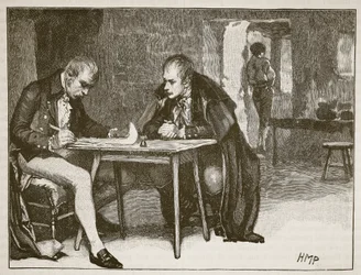 Los agentes de Gran Bretaña y Suecia firmando el tratado contra Napoleón, ilustración de Cassells Illustrated History of England