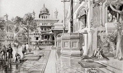 El Akal Takht o Akal Bunga, complejo Harmandir Sahib (Templo Dorado), Amritsar, Punjab, India en 1864, de la Historia de las Naciones de Hutchinson, pub.1915.
