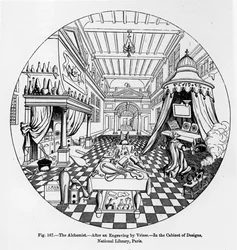 El Alquimista, después de un grabado de Vriese, ilustración de Ciencia y Literatura en la Edad Media y el Renacimiento, escrito y grabado por Paul Lacroix, 1878