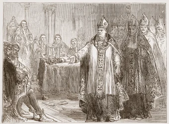Los Arzobispos de York y Canterbury ante el Parlamento en la Abadía de Westminster, ilustración de La Historia del Protestantismo de James Aitken Wylie, pub. 1878