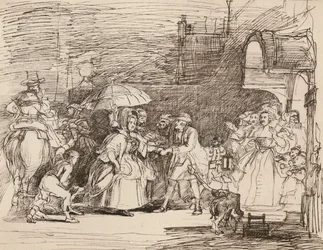 La llegada del pariente rico, según Wilkie, a partir de un dibujo a pluma y tinta (litografía)