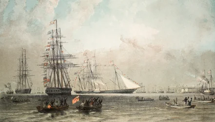 La llegada del yate real frente a Gravesend, 7 de marzo de 1863, de A Memorial of the Marriage of Edward VII and Alexandra of Denmark, pub. 1864