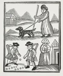 El mendigo viajando con su perro, trae a casa una buena cantidad de riqueza para progresar, con la cual supera al caballero, y casa a su hija para su deleite, ilustración de Chap-books del siglo XVIII de John Ashton, pub. 1882