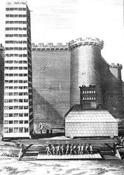 La torre de ladrillo y el músculo en el asedio de Marsella, ilustración de los Comentarios de César traducidos al inglés por William Duncan, publicado en 1753