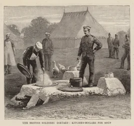 La dieta de los soldados británicos, calderas de cocina para sopa (grabado)