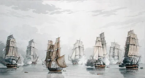 El Escuadrón Británico bajo el Comando del Capitán Charles Marsh Schomberg y el Escuadrón Francés bajo el Comando del Comodoro Roquebert, Calmados poco después del comienzo de la Acción frente a Madagascar, 20 de mayo de 1811
