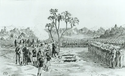 El entierro del General Earle y los Coroneles Eyre y Coveney en Kirbekan, de La Campaña de las Cataratas por el General William Francis Butler, publicado en 1887