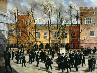 La zarza ardiente en la cima de Common Lane, con vista a New Schools, Eton College, c.1935