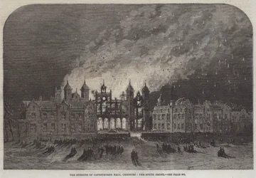 El Incendio de Capesthorne Hall, Cheshire, el Frente Sur (grabado)