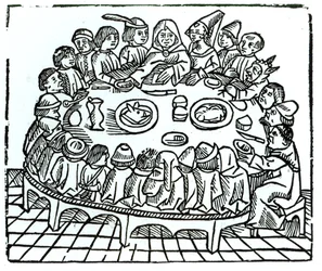 Los peregrinos de Canterbury sentados para una comida compartida, ilustración de 