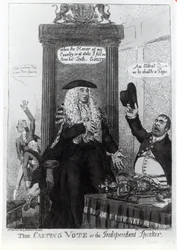 El voto decisivo, o el orador independiente, caricatura satírica que muestra al entonces Primer Ministro, Henry Addington, 1805