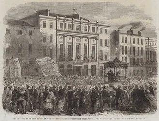 La Presidencia de Sir John Arnott en Cork al Completar sus Tres Años de Alcaldía, la Procesión pasando por los Edificios Comerciales (grabado)