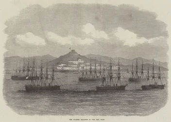 El escuadrón del canal en la bahía de Vigo, España (grabado)