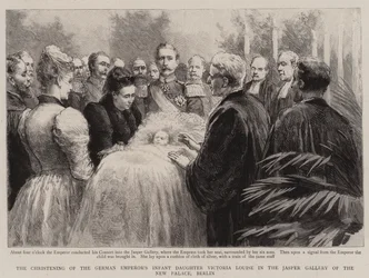El bautizo de la hija del emperador alemán Victoria Louise en la Galería de Jaspe del Nuevo Palacio, Berlín (grabado)