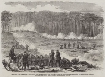 La Guerra Civil en América, Avance de los Tiradores de los Rifles Bucktail sobre la Posición Confederada en Drainsville, Virginia (grabado)