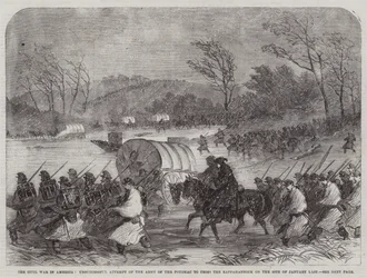 La guerra civil en América, intento fallido del ejército del Potomac de cruzar el Rappahannock el 20 de enero pasado (grabado)