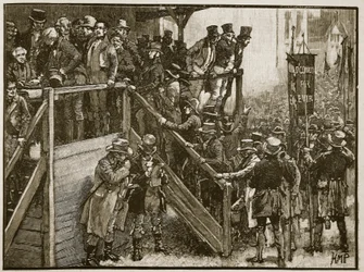 El concurso de Clare: Padre Murphy llevando a sus inquilinos a la votación, ilustración de Cassells Illustrated History of England