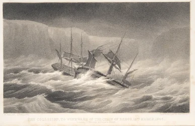 La colisión, del Voyage of Discovery and Research in th Southern and Antarctic Regions del capitán Sir James Clark Ross, pub. 1847 (grabado)