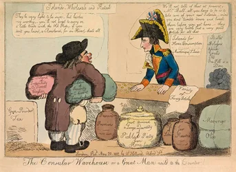 El Almacén Consular o un Gran Hombre clavado en el Mostrador, pub. 1802 grabado a mano coloreado