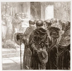 Los consejeros disolviendo la orden de los monjes agustinos en Zúrich, 1524, ilustración de La Historia del Protestantismo de James Aitken Wylie, pub. 1878