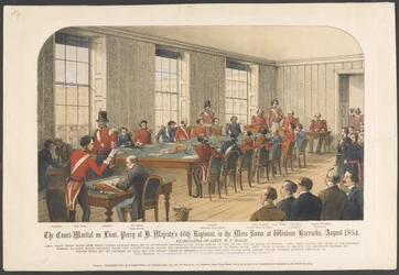El consejo de guerra del teniente Perry del 46º Regimiento de Su Majestad, en la sala de oficiales del cuartel de Windsor, agosto de 1854 (litografía en color)
