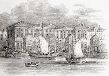 La Casa de la Aduana, Londres, Inglaterra, tal como era antes del Gran Incendio, de Old England: A Pictorial Museum, pub. 1847