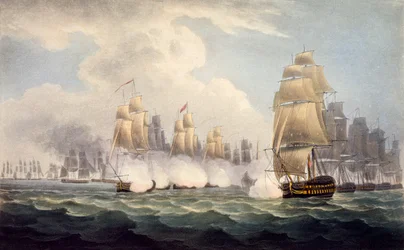 La derrota de los franceses bajo Linois por el escuadrón del comodoro Dance, 15 de febrero de 1804, de La Cronología Naval de Gran Bretaña, por J. Ralfe