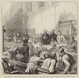 Los oficiales de policía detectives acusados de conspiración, en el Tribunal de Policía de Bow-Street, examen del convicto Kurr (grabado)