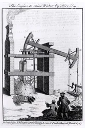 El motor para elevar agua por fuego, un diagrama del motor de vapor de Newcomen para la Universal Magazine, 1747
