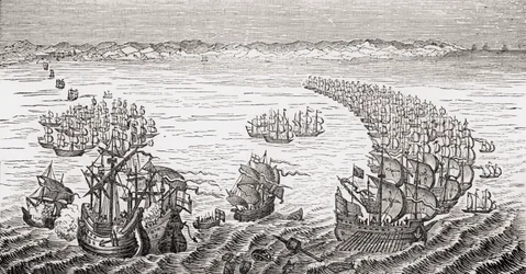 La flota inglesa, comandada por Sir Francis Drake, atacando la Armada Española en 1588, de 
