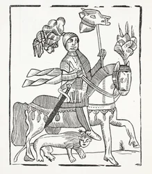 La famosa historia de Guy, Conde de Warwick, ilustración de Chap-books del Siglo XVIII de John Ashton, pub. 1882