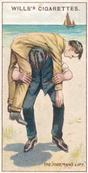 El levantamiento del bombero No.1, no.18 de la serie de primeros auxilios de las tarjetas de cigarrillos de Willss, 1913