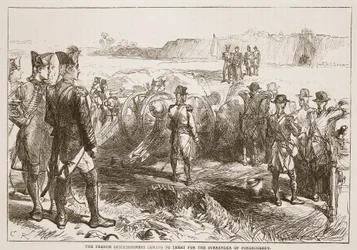 Los Comisionados Franceses viniendo a negociar la rendición de Pondicherry, ilustración de Cassells Illustrated History of India de James Grant, pub. 1879